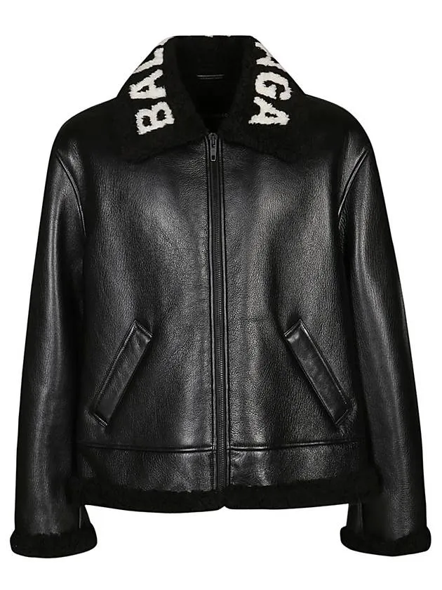 Balenciaga Logo Shearling Collar Leather Jacket Black