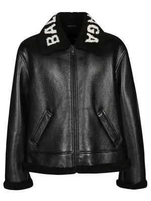 Balenciaga Logo Shearling Collar Leather Jacket Black