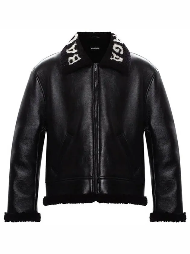 Balenciaga Logo Shearling Collar Leather Jacket Black