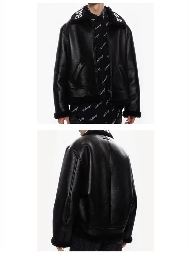 Balenciaga Logo Shearling Collar Leather Jacket Black