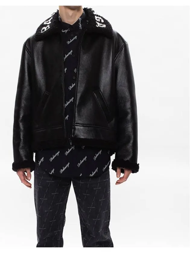 Balenciaga Logo Shearling Collar Leather Jacket Black