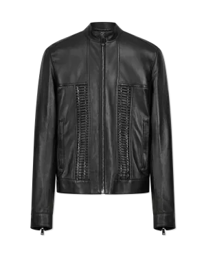 Leather Moto Jacket With Woven Chain Detail