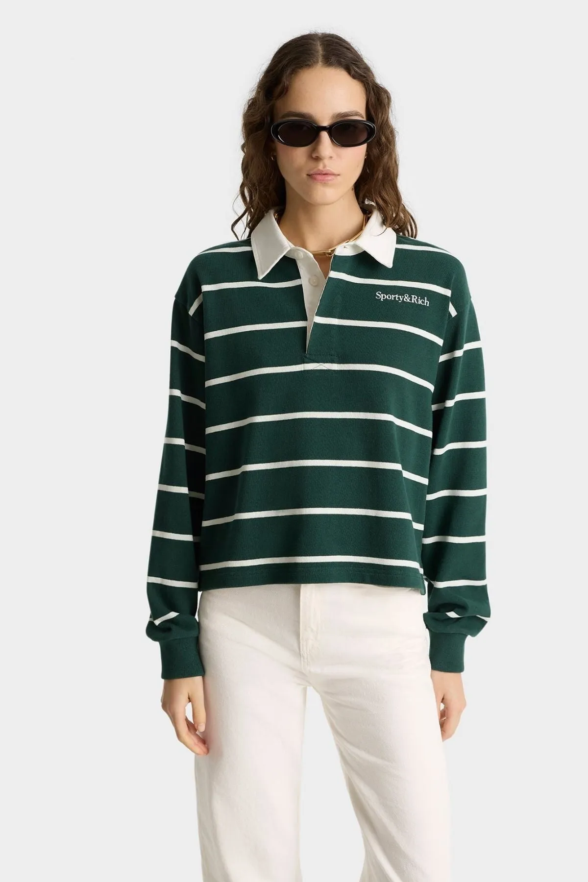 Sporty & Rich Cropped Rugby Polo - Forest/White