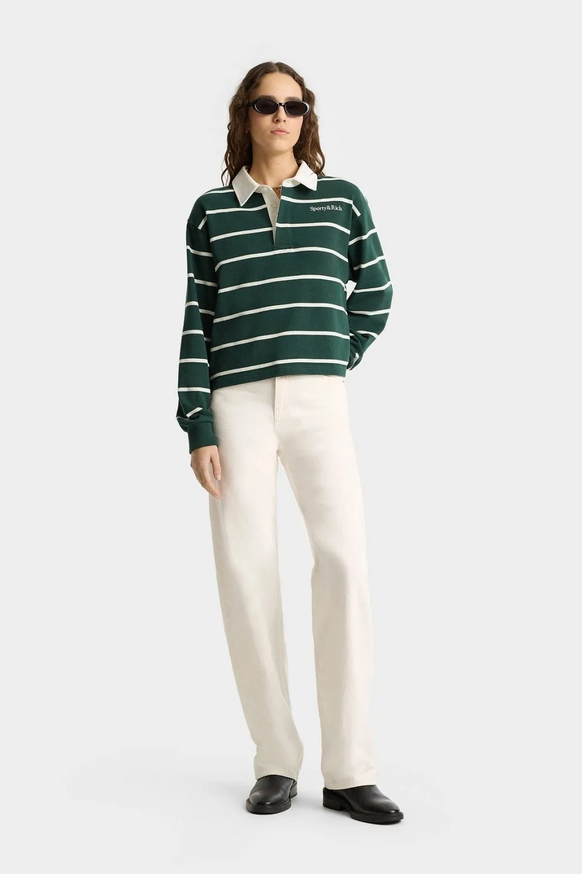 Sporty & Rich Cropped Rugby Polo - Forest/White
